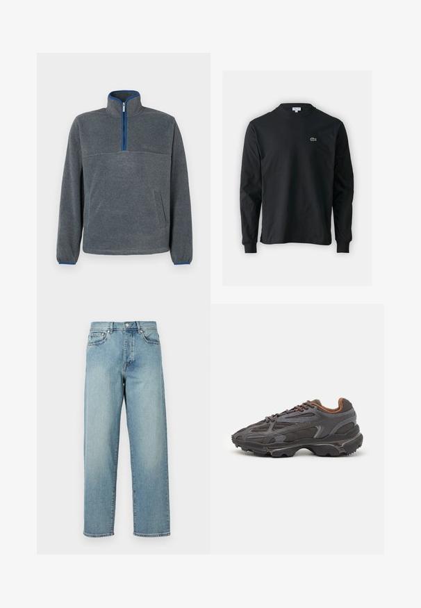 Szürke gyapjú pulóver félcipzárral, kék részletekkel a cipzárnál és a mandzsettán, valamint egy elülső zsebbel. Puha tapintású, laza fazonú.; Fekete hosszú ujjú pamut póló, kerek nyakkivágással, bal mellen egy kis zöld hímzett krokodil logóval.; Világoskék farmernadrág laza szabással, egyenes lábakkal, öt zsebes dizájnnal és gombos derékkal. Minimalista varrási részletek.; Sötét szürke Lacoste sportcipők hálós és szintetikus anyagból, textúrázott talppal és barna díszítésekkel a nyak részen és a logón.