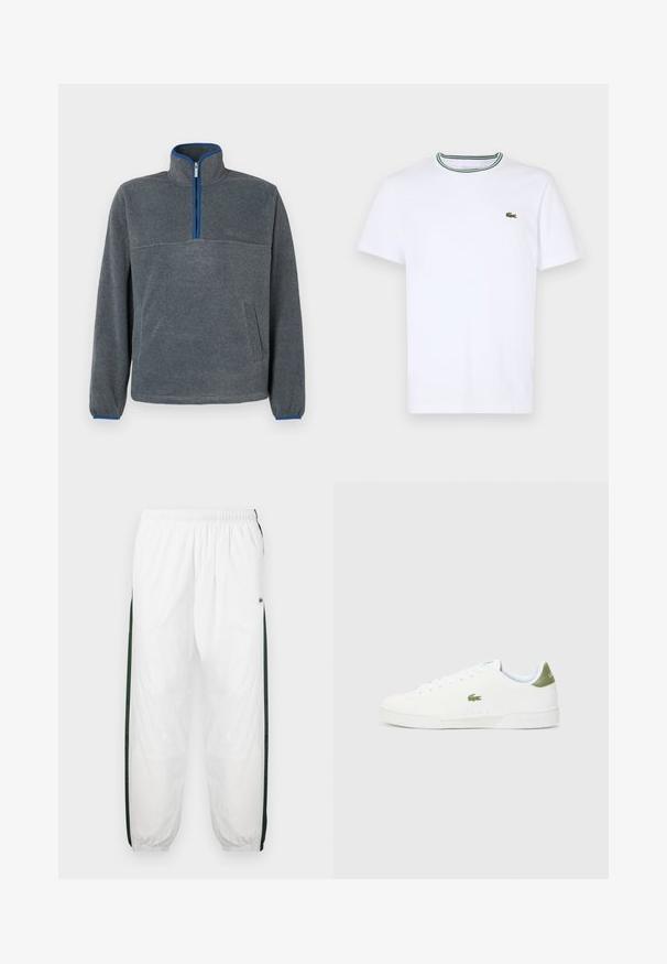 Pelēks flīsa džemperis ar pussegtu apkakli, zilām akcenta detaļām pie ieejas un piedurknēm, kā arī ar priekšējo kabatu. Mīksta tekstūra, brīva piegriezuma.; Balta kokvilnas T-kreklā ar īsām piedurknēm un ribotu apkakli, kas rotāta ar zaļām un melnām svītrām; neliels zaļš izšūts logo kreisajā krūtī.; Baltas sporta bikses ar tumši zaļām sānu joslām. Viegls materiāls, elastīga josta un aproces apakšā. Satur acu auduma tekstūru sānu joslās.; Baltas sporta apavi ar gludu virsmu, ar zaļu akcentu uz papēža un mazu izšūtu krokodila logo sānos.