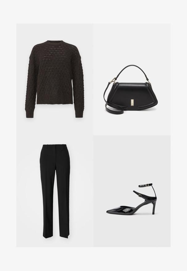 Dark brown knitted sweater featuring a loose fit, long sleeves, and textured pattern with a round neck. Soft, chunky material.; Black tailored trousers with a straight-leg design, featuring a smooth texture and crisp creases along the front. No visible hardware.; Black patent leather heels with a pointed toe, adjustable ankle straps, and a slender heel. Smooth texture with a shiny finish.; Black leather handbag with a structured design, featuring a cropped shape, top handle, and gold hardware accent. Adjustable shoulder strap included.