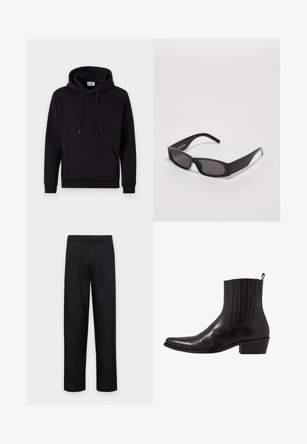 Felpa nera con cappuccio realizzata in tessuto ricco di cotone, dotata di tasca frontale, cappuccio con coulisse e polsini a coste. Design semplice e informale.; Pantaloni neri realizzati in tessuto liscio, caratterizzati da un taglio dritto, due pieghe frontali e una vita standard con passanti per la cintura.; Stivale alla caviglia in pelle nera con punta affusolata, pannelli laterali elasticizzati, accenti di cuciture verticali e tacco a blocco basso.; Occhiali da sole rettangolari neri con lenti scure, montatura in plastica liscia e un logo sottile sul braccio sinistro. Design minimalista.