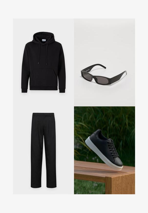Mustapusero, joka on valmistettu puuvilla-rikkaasta kankaasta, sisältää etutaskun, nyörikuvaa hupussa ja joustavat hihansuut. Yksinkertainen ja rento muotoilu.; Mustat housut, jotka on valmistettu sileästä kankaasta, suoran lahkeen muotoilulla, kahdella etupleekillä ja tavanomaisella vyötäröllä, jossa on vyölenkit.; Musta nahkakengät, joissa on sileä pinta, valkoinen kumipohja ja kuusi aukkoa nauhoille, esillä puupinnalla.; Mustat suorakulmaiset aurinkolasit tummilla linsseillä, sileä muovikehys ja hienovarainen logo vasemmassa varressa. Minimalistinen muotoilu.
