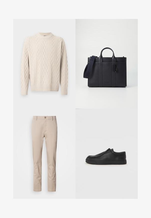 Krēmkrāsas adīts džemperis ar augstu kakla izgriezumu, raksturīgas reljefas rakstu un ribotām aprocēm un apakšmalu. Izgatavots no mīksta, elastīga auduma.; Beige kokvilnas chinos ar taisnu piegriezumu, jostu cilpiņām, vienu pogu priekšpusē un gludu, neapstrādātu virsmu. Redzamas nav kabatas.; Melnas ādas slip-on kurpes ar noapaļotu purngalu, šūšanas detaļām un melnu gumijas zoli. Gluda tekstūra ar minimālistisku dizainu.; Tumši jūras zila ādas portfelis ar divām augšējām rokturiem un noņemamu siksnu. Ar teksturētu apdari, vertikālām šuvēm un logo detaļu.