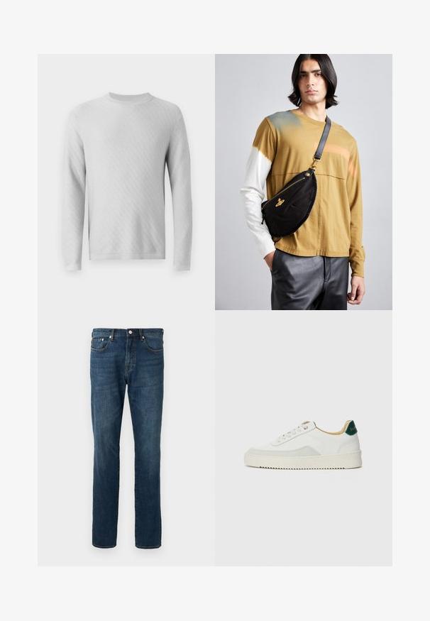 Pull en tricot gris clair avec un col rond, des manches longues et un motif texturé en diagonale sur tout le tissu.; Jean en denim bleu foncé, coupe droite, cinq poches, fermeture à bouton, avec des décolorations et des détails de couture subtils. Texture lisse.; Baskets blanches avec des accents en daim, bout arrondi, lacets plats et semelle en caoutchouc crème. Présente une marque verte sur le talon.; Vivienne Westwood CITY BUMBAG UNISEX - Sac banane - black