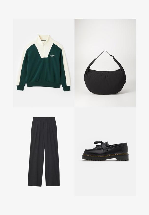 Pier One Sudadera - dark green; Pantalones de pierna ancha hechos de tela gris oscura. Cuenta con pliegues en la cintura, un diseño a medida y una silueta recta.; Mocasín de cuero negro con un acento de borlas, que presenta una suela gruesa negra y costuras amarillas a lo largo del borde. Acabado texturizado.; Bolso de hombro de tela negra con forma curva, que presenta una sola correa y un cierre con cremallera. Textura suave, diseño minimalista.