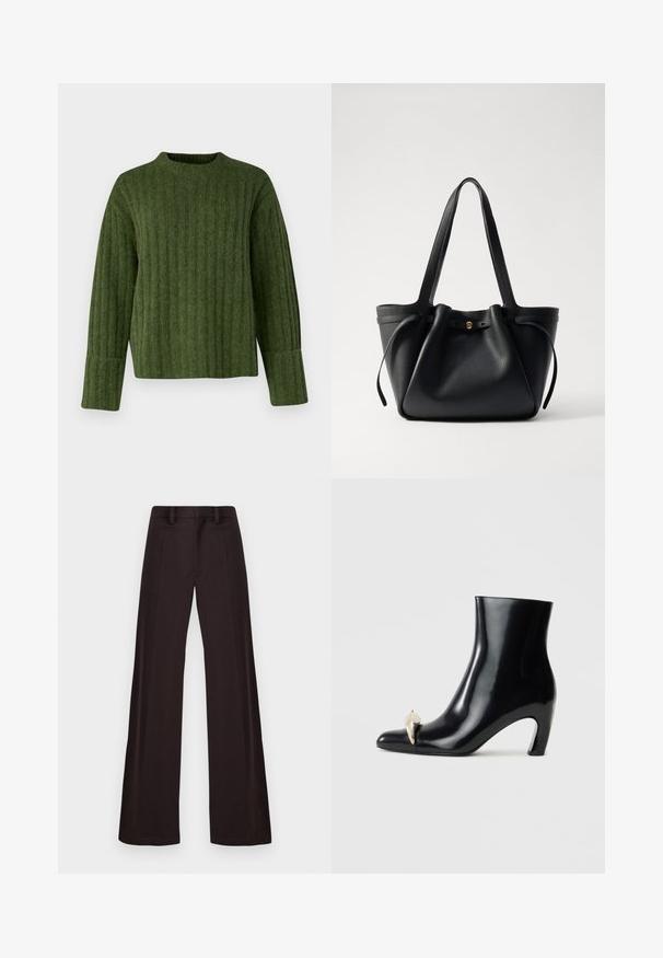 Green knitted sweater with a ribbed pattern, round neckline, and long sleeves. Fabric appears soft and textured, with a boxy fit.; Wide-leg trousers made of dark fabric, featuring a smooth texture, belt loops, and a front crease, with a clean, unembellished design.; Black ankle boot made of glossy leather, featuring a pointed toe and a decorative gold and silver accent at the front. Block heel design.; Black leather tote bag with two long straps, a cinched top, and a gold circular accent. Smooth texture with a minimalist design.