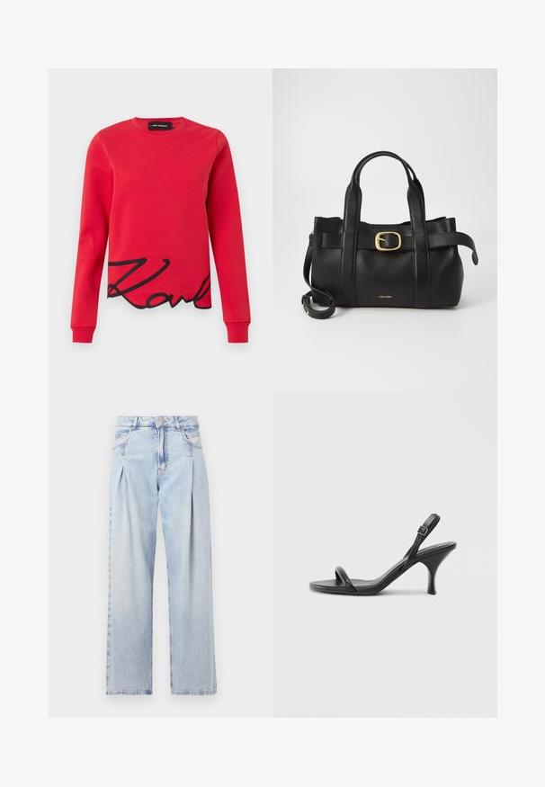 Röd sweatshirt med rundad halsringning och långa ärmar, med en svart skriven "Karl"-grafik på nedre framsidan. Mjuk bomullsmaterial.; Ljust blå denimjeans med hög midja, vida ben, två sidofickor och veckad design. Mjuk textur med en blekt finish.; Svarta läder högklackade sandaler med en smal, böjd klack och ett korsat remdesign. Justerbar ankelrem. Slät textur.; Svart läderhandväska med en strukturerad design, dubbla topphandtag, detaljer i guldton med spänne och präglad logotyp framtill.