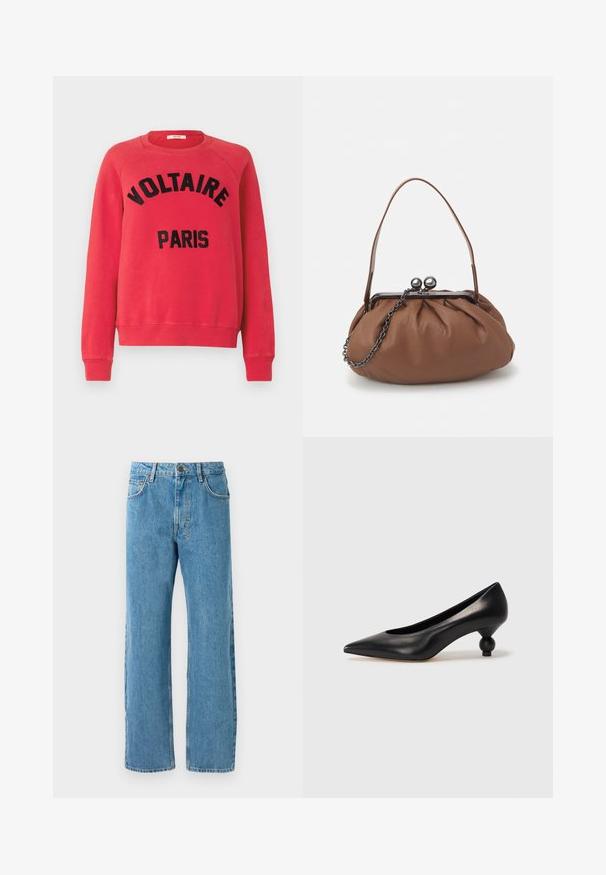 Red sweatshirt made of soft fabric, featuring a round neckline and long raglan sleeves. Large black text reading "VOLTAIRE PARIS" on the front.; Light blue denim jeans with a loose fit, featuring a high waist, four pockets, and a zipper fly. Classic five-pocket design.; Black leather high heel shoe with a pointed toe and a round, balled heel. Smooth texture with a sleek, minimal design.; Brown leather handbag with a gathered design, a short leather handle, and a chain strap. Features a silver metal clasp with two round accents.