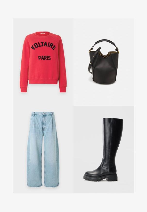 Punainen huppari pehmeästä kankaasta, jossa on pyöreä kaula-aukko ja pitkät raglan-hihat. Edessä suuri musta teksti "VOLTAIRE PARIS".; Vaaleansiniset, leveälahkeiset farkut, joissa on laskokset edessä, napitus ja suorat lahkeet, ja niissä on kauttaaltaan haalistunut pinta.; Mustat polvipituiset saappaat, jotka on valmistettu sileästä nahasta. Niissä on pyöristetty kärki ja tukeva kumipohja, jossa on urat hyväksi pidoksi.; Mustan nahka-buckettikassi, jossa on teksturoitu pinta, kultaiset metalliosat ja avoin yläosa. Ominaisuuksiin kuuluu lyhyt kahva ja säädettävä olkahihna.