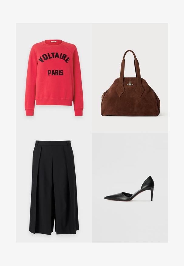 Czerwony sweter z miękkiego materiału, z okrągłym dekoltem i długimi rękawami raglanowymi. Na przodzie duży czarny napis "VOLTAIRE PARIS".; Tiger of Sweden MALIAS czarny; Czarne skórzane szpilki na wysokim obcasie z wydłużonym noskiem, otwartymi bokami i smukłą sylwetką. Charakteryzują się cienkim obcasem i czerwonymi akcentami na podeszwie.; Brązowa torebka z zamszu o usztywnionym kształcie, zaokrąglonym korpusie i wydłużonych uchwytach w kształcie diamentu. Charakteryzuje się srebrnym zamknięciem.