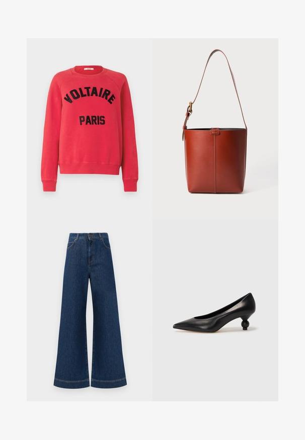 Rode sweatshirt van zachte stof, met een ronde hals en lange raglanmouwen. Grote zwarte tekst met de opschrift "VOLTAIRE PARIS" op de voorkant.; Brede blauwe denimjeans met een hoge taille, voorzien van een knoopsluiting, riemlussen en subtiele stikdetails langs de zakken en zoom.; Zwarte leren hoge hak schoen met een spitse neus en een ronde, bolle hak. Gladde textuur met een elegant, minimalistisch ontwerp.; Bruine lederen emmerzak met verstelbare schouderband en gouden gesp, eenvoudige verticale naaddetails aan de voorkant.