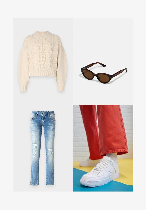 Kreemikas lõikega sviiter, millel on tekstuurne kudumine, kabelimustrid ja soonikkoes varrukad. Kangas näeb välja pehme ja tugev.; Heledad sinised teksad, millel on lõõgastav istuvus, kulunud detailid, kahe nööbiga nööpauk ja sirged sääred.; Valge nahast tennis, millel on perforeeritud varvas, tekstureeritud tallad ja valged shoelaces, kombineeritud laia punase pükste ja sinise ning kollase taustaga.; Pruunid kilpkonnamustriga päikeseprillid, mille vintage-kassikujuline kuju ja pruunid läätsed. Omavad kaardus varsi punaste aktsentidega.; Kuldne rõngassõrmused sileda ja läikiva viimistlusega. Ringikujuline disain, millel on väike post ja selge tagumine külg, et tagada kindel kandmine.