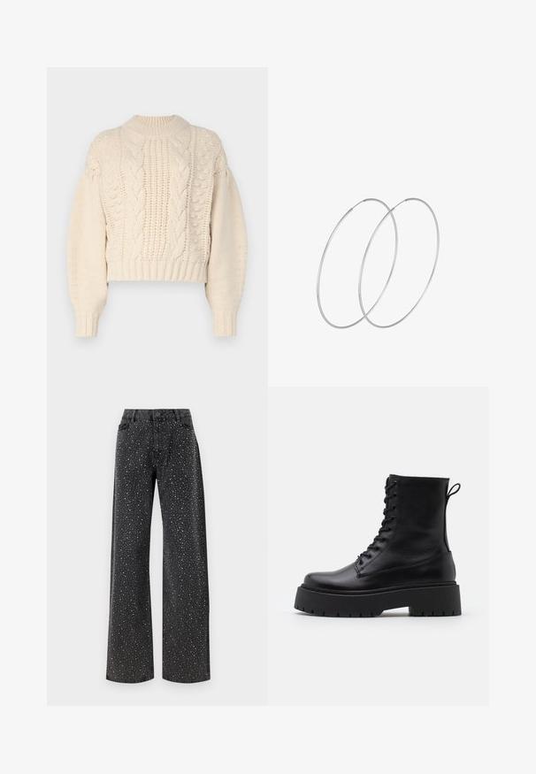 Romantische, cropped sweater in crèmekleur met een gestructureerde breiwijze, voorzien van kabelpatronen en geribde mouwen. De stof lijkt zacht en chunky.; Noisy May NMJANNEL LOOSE - Relaxed fit jeans - black denim; Zwarte leren enkelboots met een ronde neus, vetersluiting aan de voorkant en een dikke rubberen zool met een gestructureerd profiel. Trekbandje aan de achterkant.; Zilveren hoepel oorbellen met een minimalistisch ontwerp. Cirkelvormig, gladde textuur en dun profiel. Lichtgewicht met een gepolijste afwerking.