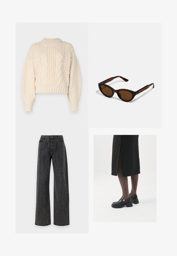 Pull court crème en tricot texturé, avec des motifs en côtes et des poignets côtelés. Le tissu semble doux et épais.; Noisy May NMJANNEL LOOSE - Jean boyfriend - black denim; Chaussures noires en cuir avec un bout arrondi, un épais talon bloc et des accents latéraux élastiques, associées à des bas foncés et une jupe noire avec une fente.; Lunettes de soleil en écaille de tortue marron avec une forme vintage de lunettes cat-eye et des verres marron. Présente des branches courbées avec des accents rouges.; Boucles d'oreilles en argent au design minimaliste. Forme circulaire, texture lisse et profil fin. Légères avec une finition polie.