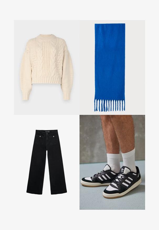 Krémový skrátený sveter s textúrovaným pletením, ktorý má káblové vzory a ribbované manžety. Tkanina vyzerá mäkko a objemne.; Čierne široké nohavice s vysokým pásom, s dvoma prednými vreckami a kovovými detailmi na gombíku. Tkanina má hladkú textúru.; Čierno-biele tenisky s vrchom z semišu a kože, s troma bielymi pruhmi, perforovanou špičkou a gumovou podrážkou.; Modrý šál s franjami vyrobený z mäkkej tkaniny; má jednofarebný dizajn s textúrovaným povrchom a rovnomerne strihanými franjami na spodnej strane.; Čierna štvorec krossbody taška vyrobená z textúrovaného syntetického materiálu. Obsahuje embosovanú logo úpravu a nastaviteľný popruh. Zapínanie na zips.