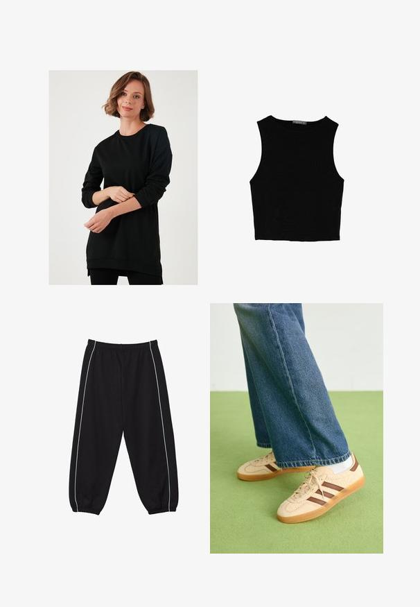 Mustahabbatu mureed mureebutu saafaa, jahuqa sahi buni, illu buni yamu, sahi jaljalli batnawai tunika nadi shawaka samartta, jahi katti ya ruef rari.; Musta hihaton crop-top, joka on valmistettu sileästä kankaasta, jossa on pyöreä kaula-aukko ja siisti, yksinkertainen muotoilu ilman kuvioita tai varusteita.; Mustat collegehousut, jotka on valmistettu puuvillasekoitteesta. Niissä on joustava vyötärö ja hihnat, sekä erottuvat valkoiset sivuraidat. Rennot, väljemmät mitoitukset.; Beige lenkkarit, joissa on tekstuuriset kerma-paneelit ja ruskeat raidat, yhdistettynä sinisiin farkkuihin. Farkut ovat leveät ja niissä on repaleinen helma.