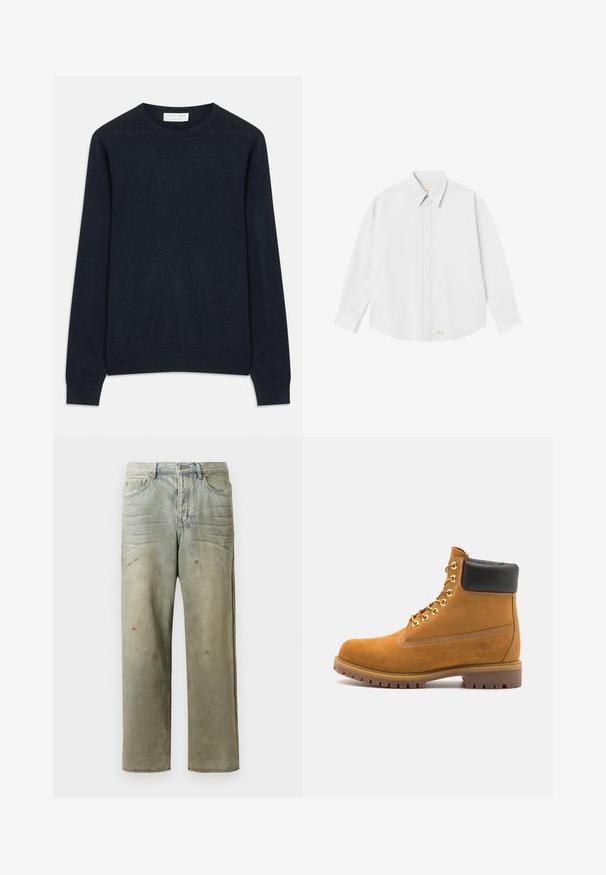 Tummansininen pyöreäkauluspaita, joka on valmistettu pehmeästä kankaasta. Ominaisuuksiin kuuluu pitkät hihat sekä ribatut hihansuut ja helma. Yksinkertainen, yksivärinen eikä kuvioita.; Valkoinen nappikauluspaita, jossa on klassinen kaulus, pitkät hihat ja pyöristetty helma; vasemmassa alareunassa on pieni oranssi logo.; Vaaleanvihreät kulutetut farkut suoran lahkeen, viiden taskun muotoilun ja epätasaisen haalistumisen sekä maalikohoumiin kanssa.; Valkoinen nahkainen nilkkuri mustalla pehmustetulla kauluksella, kultaisilla metallisilla rei'illä, valkoisella ompeluksella ja jykevällä kumipohjalla, jossa on selvästi näkyvät urat.