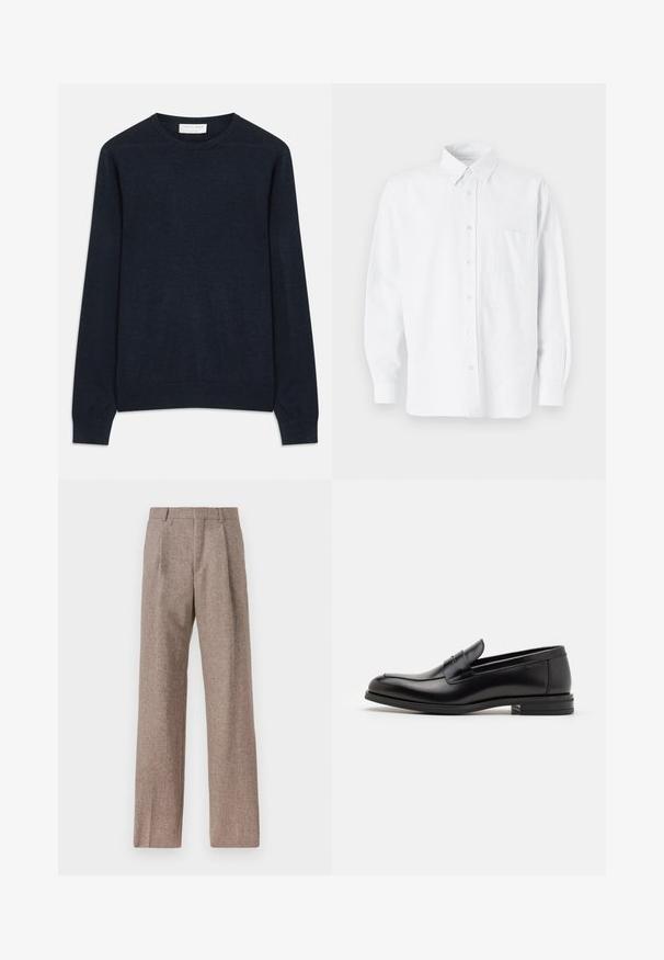 Marineblauwe ronde hals trui van zacht materiaal. Heeft lange mouwen en ribgebreide manchetten en zoom. Eenvoudige, effen kleur zonder patronen.; Witte button-down shirt met een kraag, voorzien van subtiele verticale strepen, lange mouwen, een borstzak en een klassieke ronde zoom.; Bruine, hooggewaisted broeken van een gestructureerde stof. Heeft wijde benen en twee voorplooien voor extra structuur. Net afgewerkt zonder zichtbare hardware.; Zwarte leren instappers met een gladde textuur, ronde neus en een decoratieve band over de wreef. Lage, gestapelde hak en minimalistisch ontwerp.