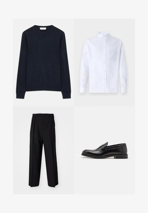 Sötétkék, kerek nyakú pulóver, puha szövetből készült. Hosszú ujjak és bordás mandzsetták, valamint alsó szegély jellemzi. Egyszerű, egyszínű, minta nélkül.; Fehér, hosszú ujjú, gombos ing pamutból, mellzsebbel, tónusos hímzéssel, gallérral és gombos mandzsettával.; Fekete, pliszírozott nadrág, egyenes, széles lábakkal. Sima anyagból készült, gombos záródással és övhurkokkal rendelkezik.; Fekete bőr loaferek sima textúrával, kerek orral és dekoratív pánttal a vampnál. Alacsony, rétegelt sarkú, minimalista dizájn.