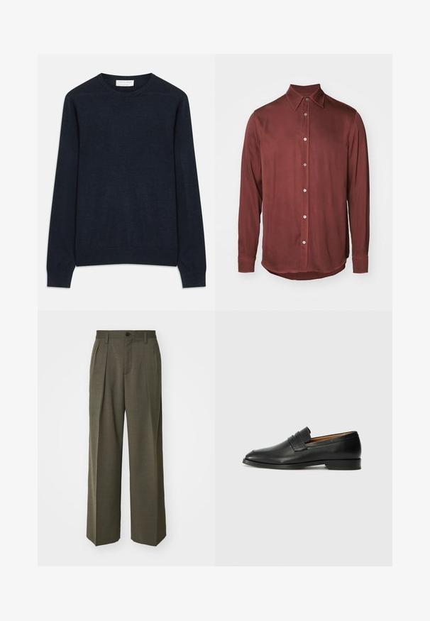 Tamsiai mėlynas džemperis su apvalia iškirpte, pagamintas iš švelnios medžiagos. Turi ilgas rankoves bei galuose ir apačioje iškanalintus kraštus. Paprastas, vienspalvis, be raštų.; Ilga rankovė marškiniai tamsiai raudono vynuogyno spalvos, pagaminti iš lygaus audinio, su smailiu apykakle ir metalinėmis sagomis priekinėje dalyje.; Filippa K WIDE TROUSERS - Kelnės - driftwood; Juodas odinis loaferis su apvaliu nosiu, subtiliomis siuvimo detalėmis ir žemu kulnu, pasižymintis lygia tekstūra ir minimalistiniu dizainu.