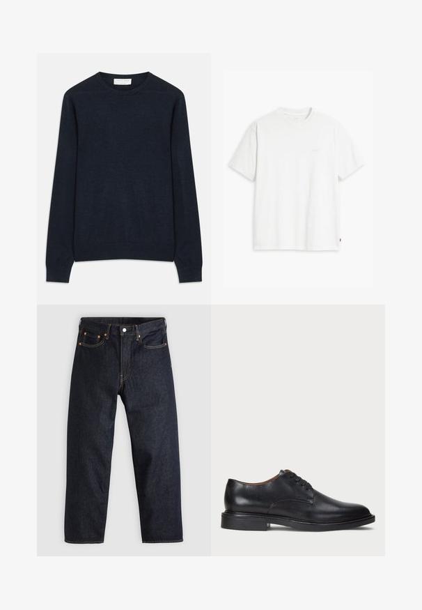 Mornariće plavi pulover s okruglim izrezom izrađen od mekog materijala. Ima duge rukave te rebraste manžete i rub. Jednostavne, jednobojne boje bez uzoraka.; Bijela pamučna majica kratkih rukava, s okruglim izrezom i suptilno otisnutim Levi's logotipom u sredini. Mekana tekstura i standardni kroj.; Tamno plave traperice ravnog kroja, s pet džepova, kontrastnim narančastim šavovima i dugmetom za zatvaranje. Nema vidljivih uzoraka ili ukrasa.; Crne kožne cipele s okruglim vrhom, vezanjem i niskim stogom. Glatka tekstura s minimalnim šavovima.