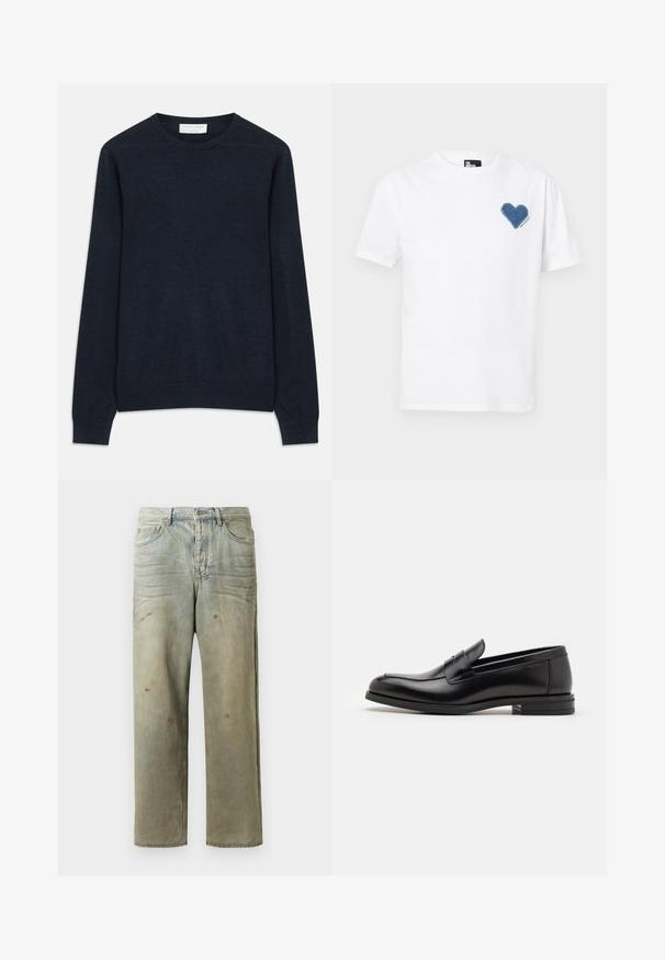 Maglione girocollo blu navy realizzato in tessuto morbido. Presenta maniche lunghe e polsini e orlo a coste. Colore semplice e uniforme senza motivi.; T-shirt in cotone bianco con applicazione a forma di cuore in denim blu sul lato sinistro del petto. Maniche corte e scollo girocollo classico.; Jeans in denim strappato di colore verde chiaro, con gamba dritta, design a cinque tasche, sbiaditure irregolari e schizzi di vernice.; Mocassini neri in pelle con una texture liscia, punta arrotondata e una striscia decorativa sulla tomaia. Tacco basso impilato, design minimalista.