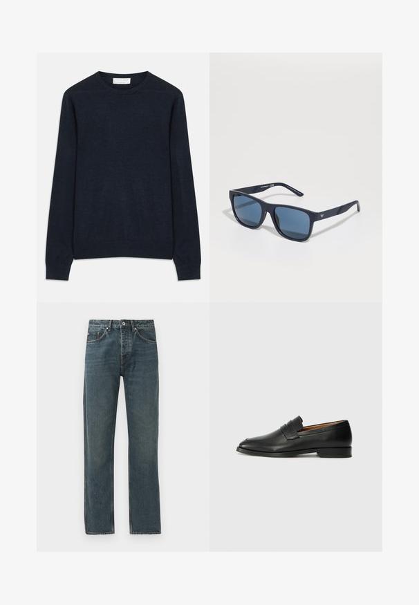 Sötétkék, kerek nyakú pulóver, puha szövetből készült. Hosszú ujjak és bordás mandzsetták, valamint alsó szegély jellemzi. Egyszerű, egyszínű, minta nélkül.; Sötétkék farmernadrág egyenes lábbal, öt zsebbel, gombos záródással és kontrasztos varrási részletekkel.; Fekete bőr mokaszin, kerek orral, diszkrét varrásokkal és alacsony sarokkal, sima felülettel és minimalista dizájnnal.; Kék téglalap alakú napszemüveg sötét lencsékkel, matt sötétkék kerettel, logóval a szárán, egyenes karokkal és sima, egységes textúrával.