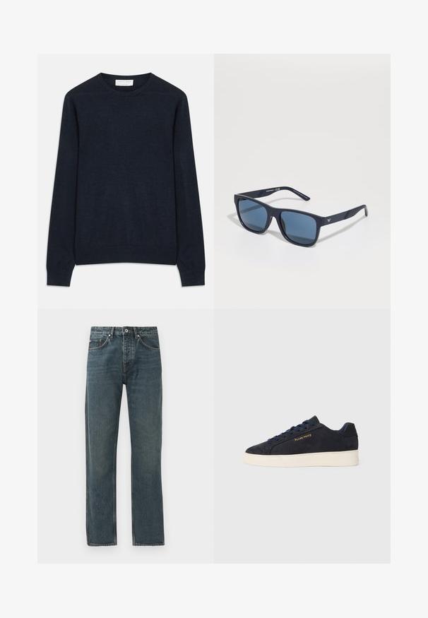 Tamsiai mėlynas džemperis su apvalia iškirpte, pagamintas iš švelnios medžiagos. Turi ilgas rankoves bei galuose ir apačioje iškanalintus kraštus. Paprastas, vienspalvis, be raštų.; Tamsiai mėlyni džinsai su tiesiomis kojomis, turintys penkis kišenes, mygtuko uždarymą ir kontrastingus siuvimo akcentus.; Tamsiai mėlynos zomšos žemos batai su balta siaura, tamsiai mėlynais raišteliais ir auksiniu logotipu „Filling Pieces“ šone.; Mėlynos stačiakampės saulės akinių su tamsiais objektyvais, matinio jūros gylio rėmu, su logotipo detalėmis ant šventyklos, tiesiomis šakėmis ir vientisa, lygi tekstūra.