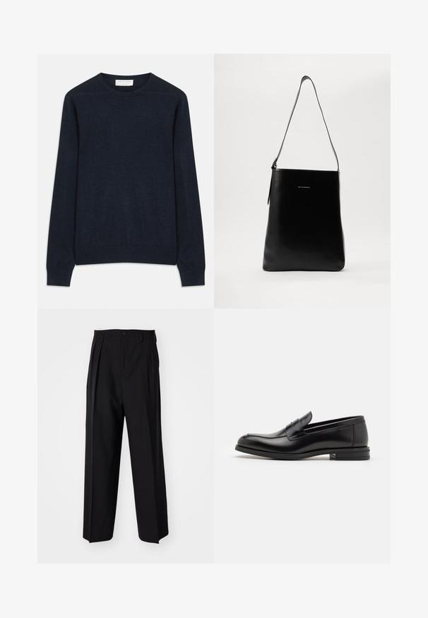 Temno modra pulover s krojačem iz mehkega blaga. Opremljen je z dolgimi rokavi ter rebrastimi manšetami in robom. Preprost, enobarven brez vzorcev.; Črne nabirane hlače s ravnim, širokim krojem. Narejene so iz gladkega materiala in imajo zadrgo ter pasne zanke.; Črne usnjene loafer čevlje z gladko teksturo, zaobljenim nosom in dekorativnim trakom čez zgornji del. Nizka zložena peta, minimalističen dizajn.; Črna usnjena torba za ramo z gladko teksturo, pravokotno obliko in dolgim pasom; vsebuje majhen bel logotip na sredini.