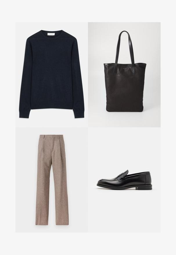 Marineblauwe ronde hals trui van zacht materiaal. Heeft lange mouwen en ribgebreide manchetten en zoom. Eenvoudige, effen kleur zonder patronen.; Bruine, hooggewaisted broeken van een gestructureerde stof. Heeft wijde benen en twee voorplooien voor extra structuur. Net afgewerkt zonder zichtbare hardware.; Zwarte leren instappers met een gladde textuur, ronde neus en een decoratieve band over de wreef. Lage, gestapelde hak en minimalistisch ontwerp.; Zwarte canvas schoudertas met zwarte leren handvaten. Eenvoudig ontwerp, ruime body en een gladde textuur. Geen zichtbare logo's of patronen.