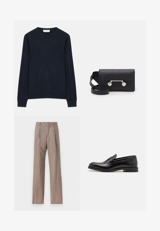 Tamsiai mėlynas džemperis su apvalia iškirpte, pagamintas iš švelnios medžiagos. Turi ilgas rankoves bei galuose ir apačioje iškanalintus kraštus. Paprastas, vienspalvis, be raštų.; Rudos, aukšto liemens kelnes, pagamintas iš tekstūruotos medžiagos. Plati kojos, dvi priekinės klostės struktūrai. Tvarkingas apdailos darbai, be matomų detalių.; Juodos odinės loafers, turinčios lygų paviršių, apvalią noselę ir dekoratyvinę juostą per priekinę dalį. Žemas krentantis kulnas, minimalistinis dizainas.; Juodas odinis kryžminis krepšys su sklendės uždarymu, sidabro spalvos detalėmis ir dviem apvaliais akcentais. Yra nusiimamas diržas. Lygus paviršius.