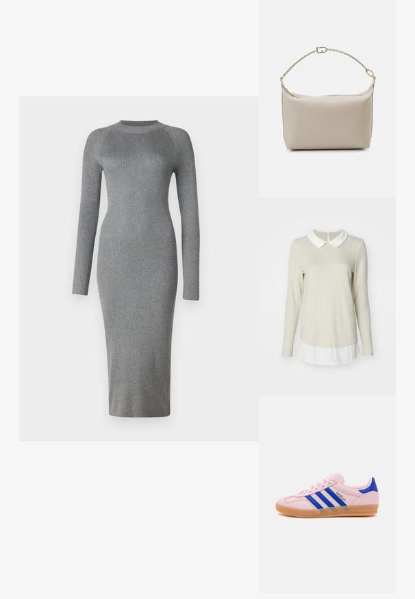 ONLY ONLELCOS SOFT - Džemperis - pumice stone/white; Pelēka ribota adīta kleita ar garām piedurknēm, pieguļoša silueta, apaļu kakla izgriezumu un līdz ceļiem garumu. Mīksta tekstūra ar vertikālu rakstu.; Rozā zamšādas sporta apavi ar trim zilām svītrām, gumijas zoli un teksturētu papēdi. Sānos redzams "Gazelle" logo.; Beige ādas rokassoma ar mīkstu tekstūru, taisnstūrveida formu, rāvējslēdzēja augšpusi un zelta ķēdes siksnu. Minimālisma dizains un neitrāla krāsa.