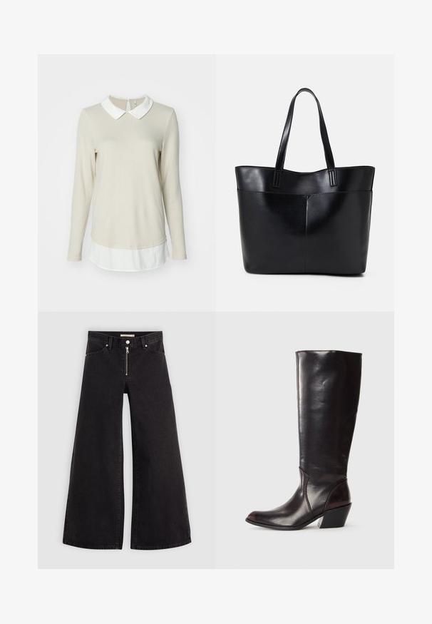 ONLY ONLELCOS SOFT - Striktrøje - pumice stone/white; Vide ben jeans i sort denim med lynlås foran, fem lomme-design og subtile stikninger. Glat tekstur og afslappet stil.; Knæhøj, mørkebrun læderstøvle med spids tå, vinkelret blokhæl og en glat, blank overflade. Har et enkelt design og syningsdetaljer.; Sort læder tote taske med to lange håndtag, en glat tekstur og en struktureret form. Har en forlommem for ekstra opbevaring.