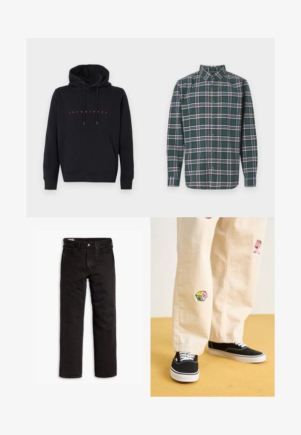Fekete kapucnis pulóver elülső zsebbe, középre helyezett narancssárga "JACK & JONES" felirattal, fehér háttéren.; Zöld flanel ing, kockás mintázattal, amely kék, fehér és mustár sárga vonalakból áll. Gombos elülső rész és hegyes gallér. Hosszú ujjak.; Fekete egyenes szárú farmernadrág öt zsebbel, gombos záródással és övhurkokkal, fehér háttéren elhelyezve.; Beige pamut nadrág játékos hímzett mintákkal, beleértve egy rózsaszín karaktert és színes blokkot, fekete fűzős tornacipővel párosítva.