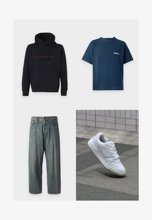 Juodas gobtuvas su priekinėmis kišenėmis ir oranžiniu tekstu "JACK & JONES" centruotai ant krūtinės, išdėstytas ant baltos fono.; Tamsiai mėlyna medvilninė marškinėliai su trumpomis rankovėmis ir apvaliu iškirpimu. Yra mažas baltas logotipas kairėje krūtinės pusėje. Minkšta tekstūra.; Šviesiai mėlyni džinsai su laisvu siluetu, vidutinio aukščio juosmeniu ir tiesiomis kojomis. Su penkiais kišenėmis, diržo kilpo ir mygtukų uždarymu.; Baltos odinės sportinės bateliai su perforuotais šonais, tekstūruotais akcentais, plokščiomis raištelėmis ir kontrastingu pilku kulnu. Yra šiek tiek pakelti padas.