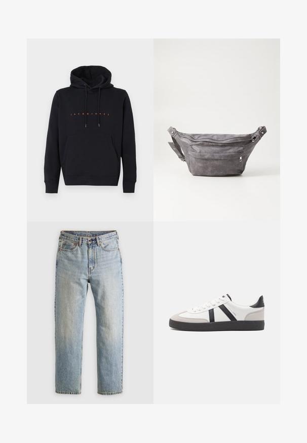 Schwarzer Kapuzenpullover mit vorderer Kängurutasche und orangefarbener "JACK & JONES"-Aufschrift zentriert auf der Brust, flach liegend auf weißem Hintergrund.; Helle blaue Jeans mit hoher Taille, Frontknopf, Reißverschluss und fünf Taschen-Design, flach auf einem neutralen Hintergrund ausgelegt.; Weiße Sneaker mit schwarz- und grau-aczenten, ausgestattet mit einer strukturierten grauen Zehenkappe, schwarzer Gummi-Sohle und flachen weißen Schnürsenkeln. Sauberes Design, minimalistische Stil.; Graue Wildleder-Gürteltasche mit runder Form, zwei mit Reißverschluss verschlossenen Fächern und verstellbarem Trageriemen. Mit metallischen Hardware-Akzenten.