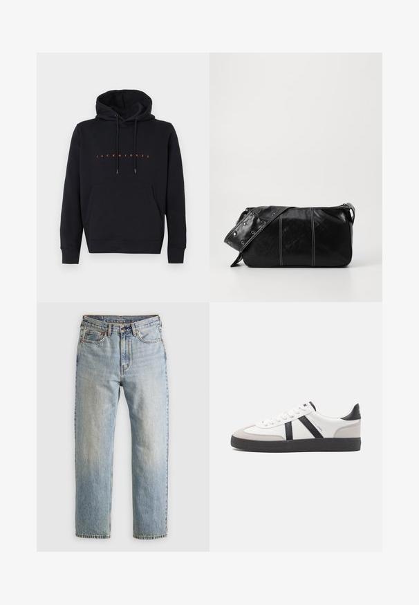 Felpa nera con cappuccio, tasca frontale e testo arancione "JACK & JONES" centrato sul petto, disposta in piano su sfondo bianco.; Jeans in denim azzurro chiaro con vita alta, bottone anteriore, cerniera e design a cinque tasche, adagiati su uno sfondo neutro.; Sneaker bianco con accenti neri e grigi, dotata di una punta grigia testurizzata, suola in gomma nera e lacci bianchi piatti. Design pulito, stile minimalista.; Borsa a spalla in pelle nera con chiusura a zip, caratterizzata da un corpo testurizzato, cuciture bianche e una tracolla con occhielli in argento.