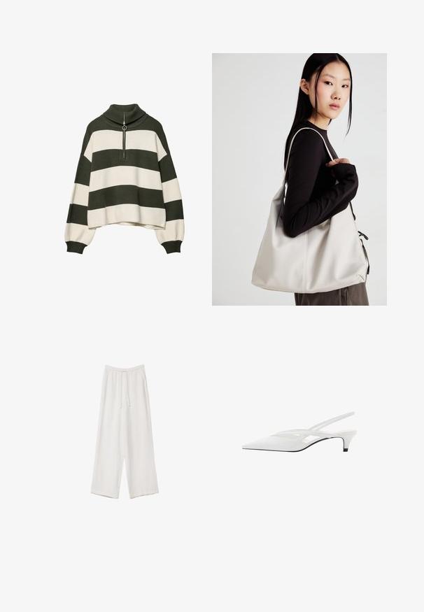 Gebreide trui met een hoge kraag, voorzien van olijfgroene en crème horizontale strepen. Inclusief een zilveren ritssluiting bij de hals.; Witte wijde broek gemaakt van een lichte stof. Voorzien van een elastische tailleband met een trekkoord en zijzakken. Zachte textuur.; Witte slingback hak met spitse neus, voorzien van een gladde bovenkant, subtiele uitsparingen en een lage blokhak. Zwarte zool accentueert het ontwerp.; Beige handtas gemaakt van zacht materiaal, met een slonzig ontwerp, gestikte details en twee schouderbanden. Geschikt voor dagelijks gebruik.