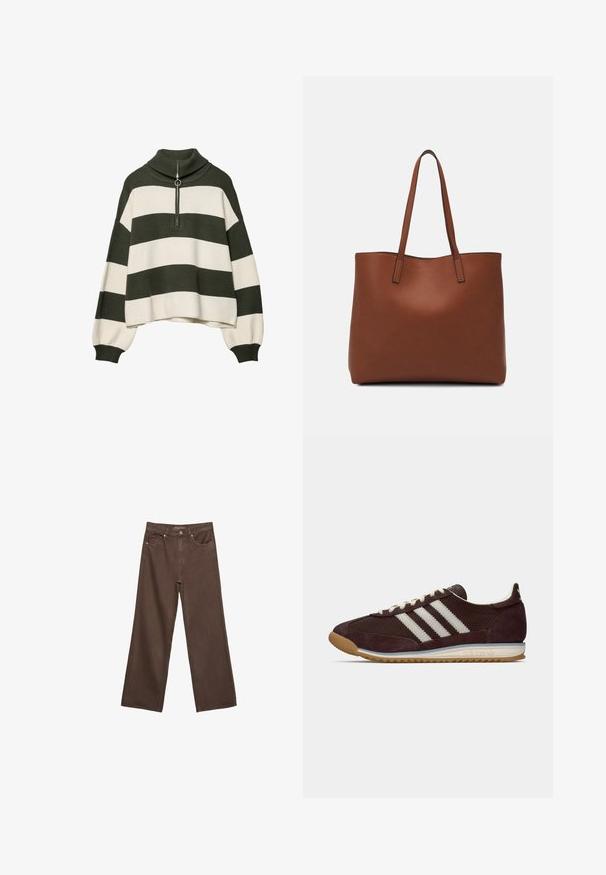 Neulepusero korkealla kauluksella, jossa on oliivinvihreitä ja kermaiset vaakasuorat raidat. Kauluksessa on hopeinen vetoketj yksityiskohta.; Leviittävät ruskeat farkut, jotka on valmistettu denimistä, korkea vyötärö, etutaskut ja klassinen nappikiinnitys. Silkkinen pinta hienovaraisella ompelutyöllä.; Matalannan tumman punertava Adidas-lenkkari, jossa on valkoiset raidat, kermansävyiset nauhat ja kumipohja, sivunäkymä yksinkertaisella taustalla.; Ruskea nahkainen olkalaukku, jossa on sileä pinta, avoin yläosa ja kaksi olkahihnaa. Omaavat vain minimaalisen ompelun eikä näkyvää metalliosaa.