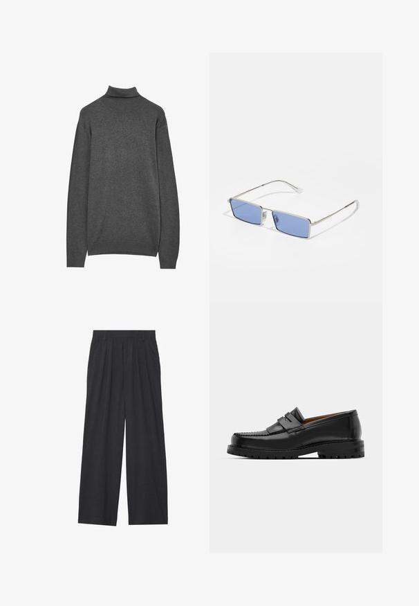 Grauer Rollkragenpullover aus strukturiertem Strickstoff. Hat lange Ärmel und gerippte Bündchen, mit einer engen Passform am Hals.; Weit geschnittene Hosen aus dunkelgrauem Stoff. Merkmale sind Falten an der Taille, ein maßgeschneiderter Schnitt und eine gerade Silhouette.; Schwarze Lederloafer verfügen über eine erhöhte Naht, zwei dekorative Riemen im oberen Bereich und eine dicke, strukturierte Sohle für zusätzlichen Halt.; Metallsonnenbrille mit rechteckiger Form, blauen getönten Gläsern und silbernem Rahmen. Verfügt über Nasenpolster und dünne, gerade Bügel.