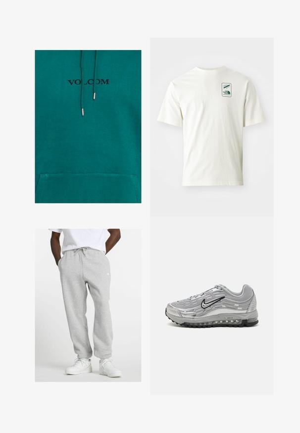 Felpa turchese con tasca frontale e cordini. Presenta il logo nero "VOLCOM" sopra la tasca e un tessuto morbido e texture.; T-shirt bianco in cotone con maniche corte, dotato di una patch logo verde sulla parte superiore sinistra. Il tessuto ha una consistenza liscia e morbida.; Uomo che indossa pantaloni della tuta grigio chiaro con cordino e sneaker bianche, in piedi con le mani in tasca su uno sfondo bianco.; Sneaker Nike Air Max grigie con parte superiore in rete e materiale sintetico, design ondulato, accenti neri e un'unità di ammortizzazione visibile.