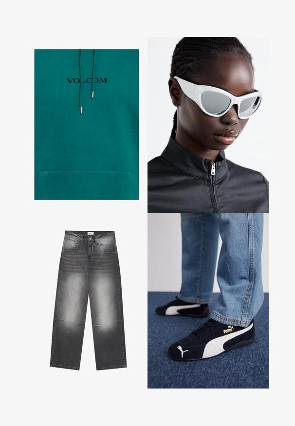 Felpa turchese con tasca frontale e cordini. Presenta il logo nero "VOLCOM" sopra la tasca e un tessuto morbido e texture.; Jeans in denim nero a gamba larga con una finitura grigia sbiadita, dotati di tasche frontali, chiusura con bottone e leggera usura sulle ginocchia.; Sneaker in suede nera con dettagli bianchi, dotate di un logo dorato. Indossate con jeans di denim azzurro e posizionate su una superficie blu testurizzata.; Occhiali da sole bianchi con un design audace e squadrato, dotati di lenti specchiate, con montatura in plastica liscia e curve accentuate.