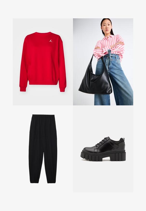 Felpa in cotone rossa con collo a giro, polsini e orlo ribattuti. Include un logo Jumpman bianco sul lato sinistro del petto. Texture liscia.; Pantaloni neri leggeri con vita elastica e caviglie arricciate. Il tessuto è liscio e presenta un design rilassato e affusolato.; Scarpe platform in pelle nera con tacco a blocco robusto, punta rotonda e design tradizionale con lacci. Presentano una superficie liscia e dettagli minimi.; Borsa a spalla in pelle nera con una forma morbida e dettagli sulle cuciture. Il modello indossa una camicia a righe rosa e bianche con jeans a gamba larga blu.