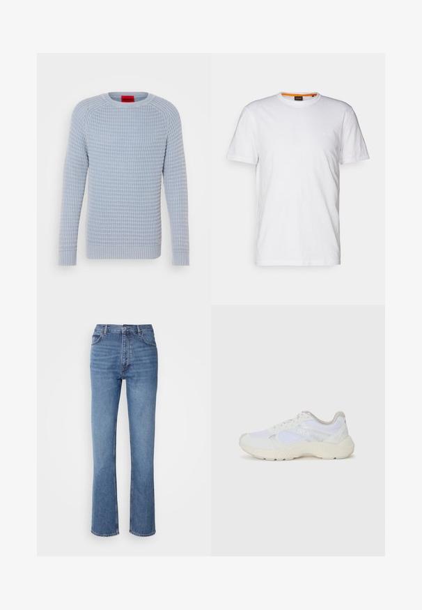 Maglione azzurro chiaro con un motivo testurizzato a coste, colletto tondo e maniche lunghe; le coste sui polsini e sull'orlo creano una vestibilità aderente.; T-shirt bianco in cotone con collo rotondo, maniche corte e un logo a rilievo discreto sul petto. L'etichetta interna ha un accento arancione.; Jeans in denim blu con vita alta, design a gamba dritta e leggera sbiaditura. Presentano il classico stile a cinque tasche e chiusura con zip.; Scarpe da ginnastica bianche in mesh e suede, con una suola intermedia testurizzata, dettagli testurizzati e il logo "HUGO" sul lato.