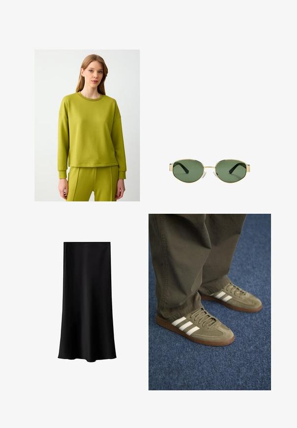 Limonkowa bluza z miękkiego materiału z okrągłym dekoltem, prążkowanym akcentem na kołnierzu i luźnym krojem. W komplecie z pasującymi spodniami dresowymi.; Czarna spódnica midi z gładkiego, lekkiego materiału. Charakteryzuje się prostym krojem, brakiem widocznych elementów metalowych oraz minimalistycznym wzornictwem bez nadruków.; Zielone zamszowe trampki z trzema białymi paskami, brązową gumową podeszwą i teksturowanymi sznurowadłami, zestawione z oliwkowymi spodniami na niebieskim dywanie.; Złote okulary przeciwsłoneczne w metalowej oprawie z zielonymi soczewkami, o owalnym kształcie, czarnymi zausznikami i przezroczystymi noskami. Czysty, minimalistyczny design.
