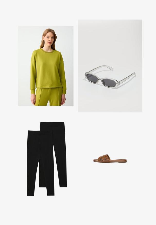 Felpa verde lime in tessuto morbido con scollo rotondo, colletto a coste e vestibilità rilassata. Abbinata a pantaloni della tuta coordinati.; Leggings neri realizzati in tessuto elastico, con una vita senza cuciture e un design slim fit, adatti per l'abbigliamento casual o per l'esercizio.; Sandalo in pelle marrone con fasce incrociate, suola piatta e una texture liscia. Design semplice senza decorazioni o motivi.; Occhiali da sole con forma ovale, montatura in plastica trasparente, lenti grigie scure e aste sottili trasparenti con accenti di logo e dettagli minimi.