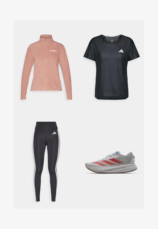 adidas Terrex Flisinis džemperis - warm clay; Juodas sportinis marškinėliai su apvalia kaklo iškirpte, trumpomis rankovėmis ir tekstūruotu audiniu, turinčiu subtilų raštą. Ant priekio yra baltas logotipas.; Juodos aptemptos kelnės su aukštu liemeniu, su baltomis juostelėmis šonuose ir mažu baltu logotipu viršutiniame kairiajame šlaunyje. Pagamintos iš glotnaus, tampraus audinio.; Lengvas bėgimo batelis su pilkos spalvos tinkliniu viršumi, raudonomis juostelėmis ir baltu viduriu. Yra guminis padas, užtikrinantis sukibimą.