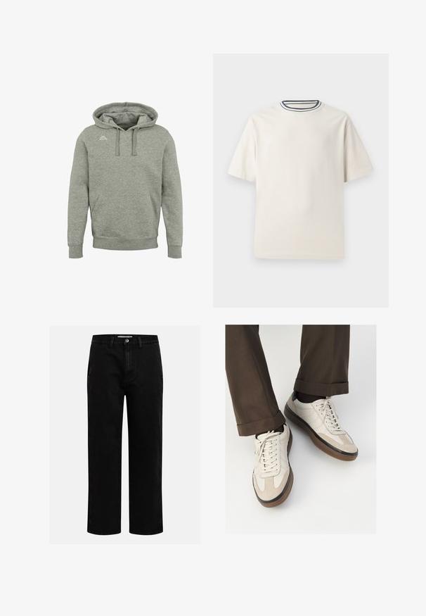 Kappa CUNEO - Kapucnis pulóver - grey md melange; Krémszínű pamut póló rövid ujjakkal, kerek nyakkivágással, melyet tengerészkék és fehér csíkok díszítenek. Sima textúrájú, laza szabású.; Fekete farmernadrág egyenes szabással, klasszikus öt zsebes kialakítással és gombos derékkal. Simább textúra és tartós anyag.; Beige sportcipők, texturált velúr elülső résszel, sima bőr oldalakkal és barna gumitalppal. Fűzők és világos varrási részletek is megtalálhatók.