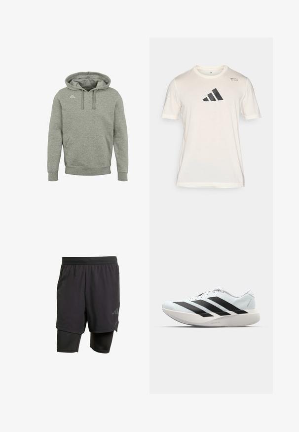 Kappa CUNEO - Kapuutsiga pusa - grey md melange; adidas Performance Spordi T-särk - chalk white; Mustavad sportlikud lühikesed püksid integreeritud sisekihiga, valmistatud hingavast kangast. Omab diskreetset logo ja struktureeritud tekstuuri. Reguleeritav vöökoht.; Kerged jooksujalatsid helesinises värvuses mustade triipudega. Omavad siledat pealispinda, ümarat varvase osa ja paksu valget vahemõõtu, millel on silt "LIGHTSTRIKE PRO".