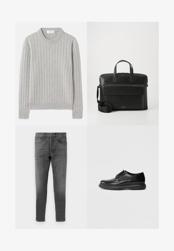 Gray ribbed pullover sweater with a rounded neckline, made of soft material, featuring vertical stitch patterns and ribbed cuffs and hem.; Gray denim jeans with a straight-leg cut, featuring a classic five-pocket design and subtle fading. Button and zipper closure at waistband.; Black leather lace-up Oxford shoe with thick sole and "WATERMAN" embossed on side, shown in profile on light gray background.; Black leather briefcase with dual top handles, a front pocket, and a detachable strap, featuring subtle branding at the bottom.