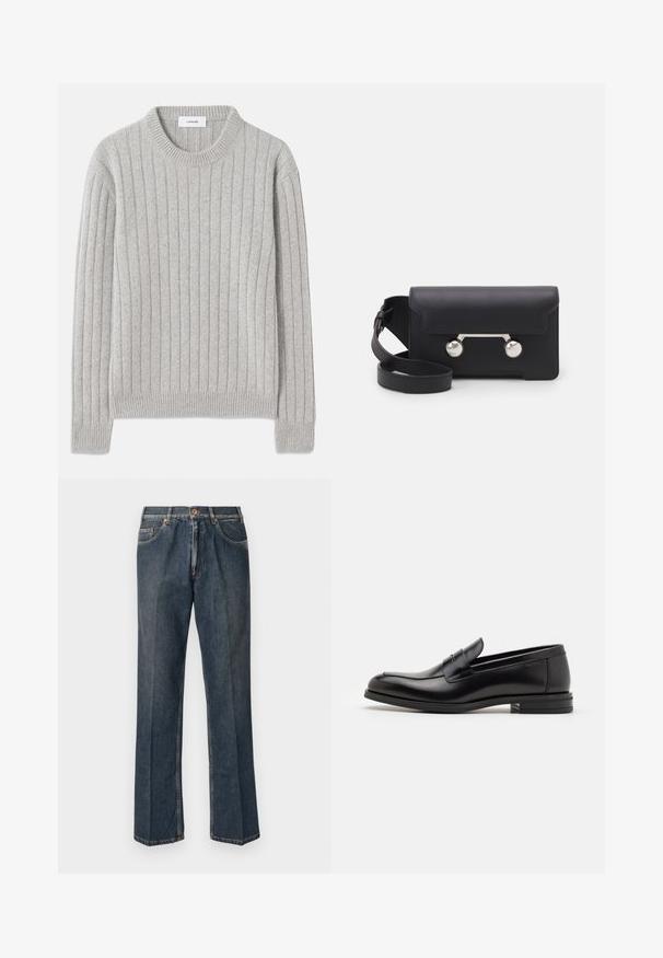 Gray ribbed pullover sweater with a rounded neckline, made of soft material, featuring vertical stitch patterns and ribbed cuffs and hem.; Dark blue straight-leg denim jeans with front button, zip fly, double front pockets, and visible vertical creases down the legs.; Black leather loafers with a smooth texture, rounded toe, and a decorative strap across the vamp. Low stacked heel, minimalist design.; Black leather crossbody bag with a flap closure, silver-tone hardware, and two round accents. Features a detachable strap. Smooth texture.